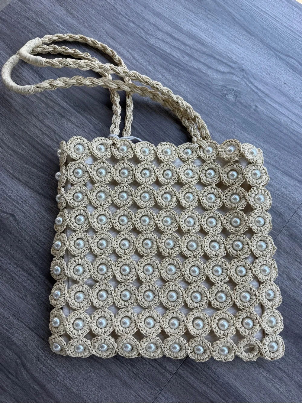 Haute Hippie Style Crochet Pearl Tote Bag Cream Woven Macrame Raffia Purse